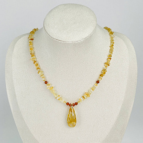 Колье из Цитрина и Граната "Спессартин" с кулоном из Рутилового кварца