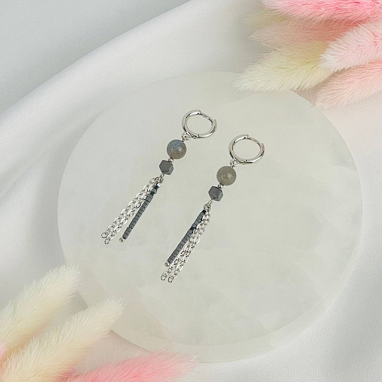 Серьги длинные из Лабрадора и Гематита, Артикул: 117372 - изображение товара №2