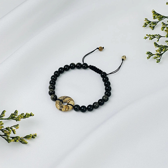 Браслет из Обсидиана регулиреумый с бусиной (Би) из Яшмы, Артикул: 118756 - изображение товара №1