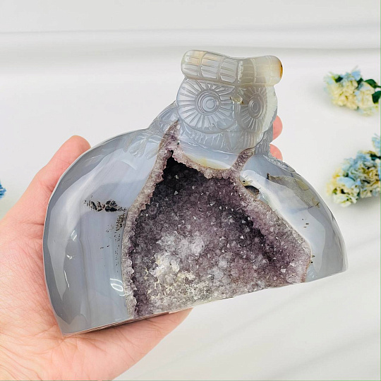 Сова резная из камня Агат серый с жеодой, Артикул: 071560 - изображение товара №3