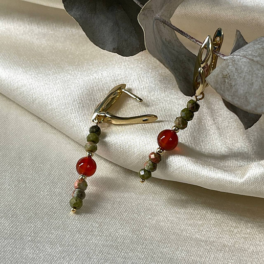 Серьги длинные из Унакита и Сердолика, Артикул: 097665 - изображение товара №2