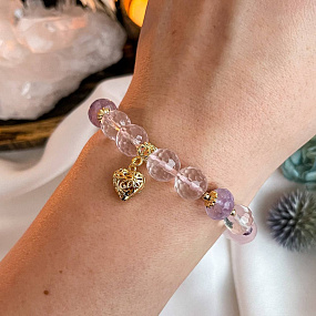 Браслет с подвеской "Сердце" из Розового кварца и Аметиста