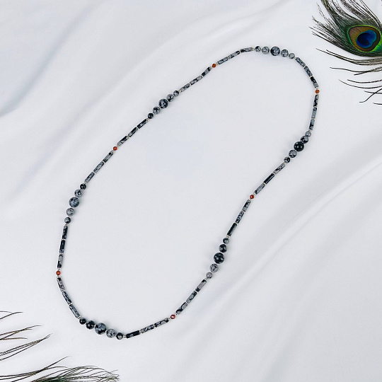 Колье из снежного Обсидиана и Граната (Спессартин), Артикул: 116976 - изображение товара №1