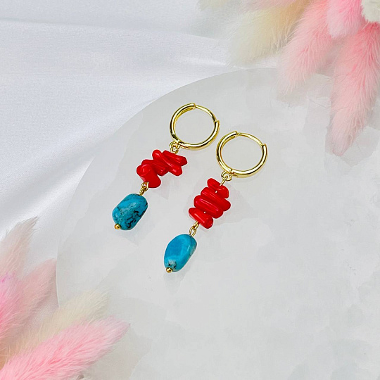 Серьги из Бирюзы и Коралла, Артикул: 114601 - изображение товара №2