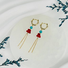 Серьги с цепочкой из Бирюзы и Коралла, Артикул: 116867 - изображение товара №2