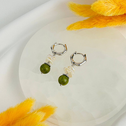 Серьги из Змеевика и Жемчуга, Артикул: 117410 - изображение товара №2