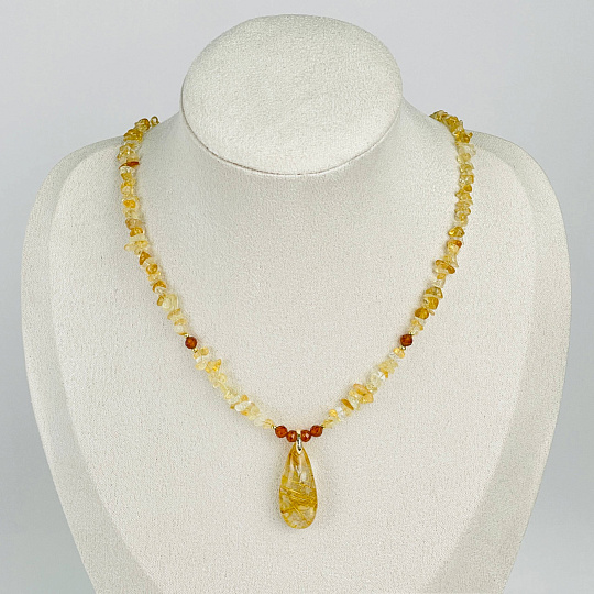 Колье из Цитрина и Граната "Спессартин" с кулоном из Рутилового кварца, Артикул: 102544 - изображение товара №1