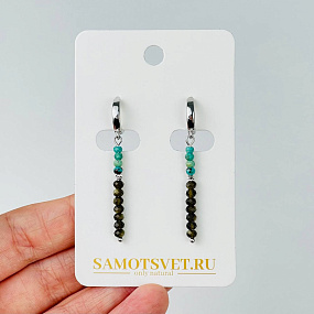 Серьги длинные из серебристого Обсидиана и Хризоколлы