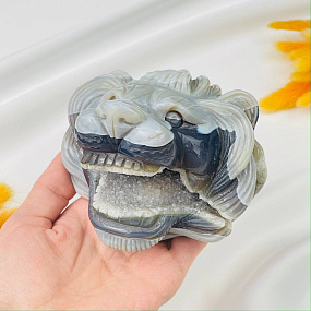 Лев резной из камня Агат серый с жеодой, Артикул: 071583 - изображение товара №2