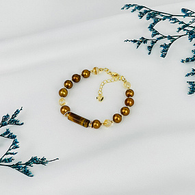 Браслет из Жемчуга тон., Цитрина и Тигрового глаза