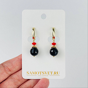 Серьги двойные из черного Агата и Коралла
