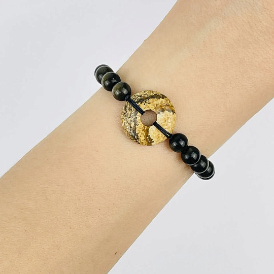 Браслет из Обсидиана регулиреумый с бусиной (Би) из Яшмы, Артикул: 118756 - изображение товара №2