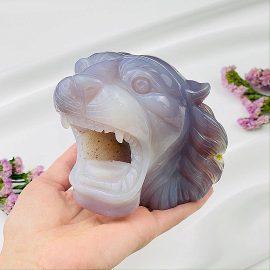 Тигр резной из камня Агат серый с жеодой, Артикул: 071556 - изображение товара №2