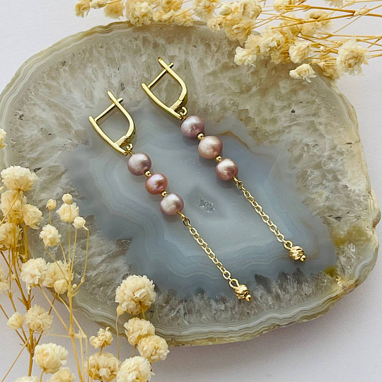Серьги тройные из Жемчуга с цепочкой, Артикул: 102644 - изображение товара №1