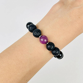 Браслет регулируемый из Лавы, Агата и Рубина