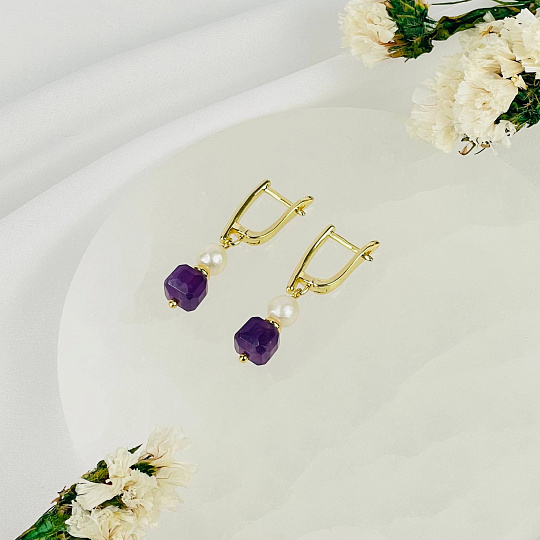 Серьги двойные из Аметиста и Жемчуга, Артикул: 116862 - изображение товара №2