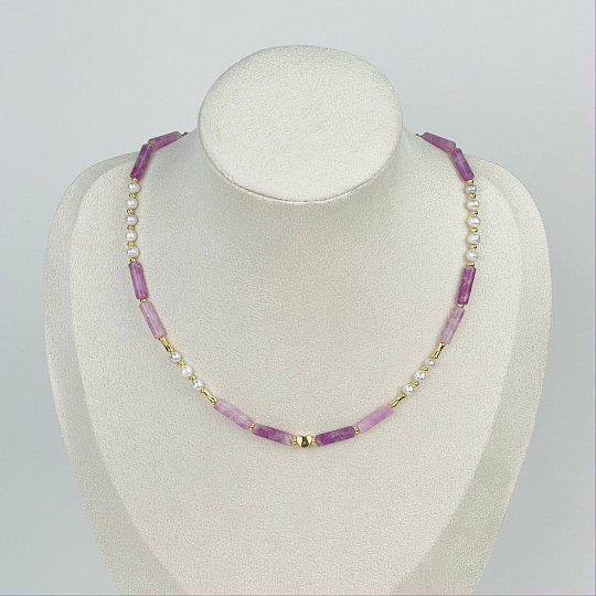 Колье из Лепидолита и Жемчуга, Артикул: 116885 - изображение товара №1